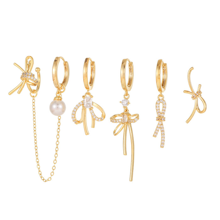 New French-style Bow Earrings, Light Luxury Niche Design, Elegant Zircon Ear Cuffs, Ear Studs, Ear Bone Clips, 6-piec...