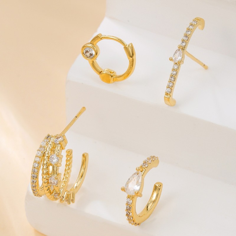 Korean-style Simple Geometric Claw-shaped Zircon Earrings, Copper Plated with 18K Real Gold, Four-piece Set of Earrin...
