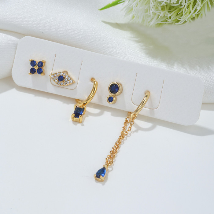 Fashion High-end Earring Set, Dark Blue Zircon Flower Earrings with Chain and Water Drop Pendant for Women, Jewelry Sets