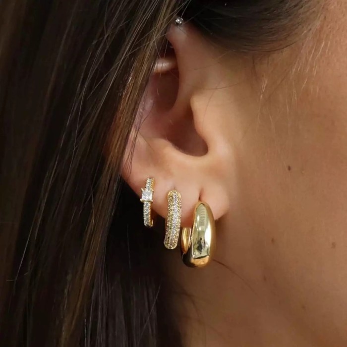 Best-selling Simple Zirconia-studded Earring Set, Three-piece Set, Fashionable Copper-plated 18K Real Gold Earrings W...