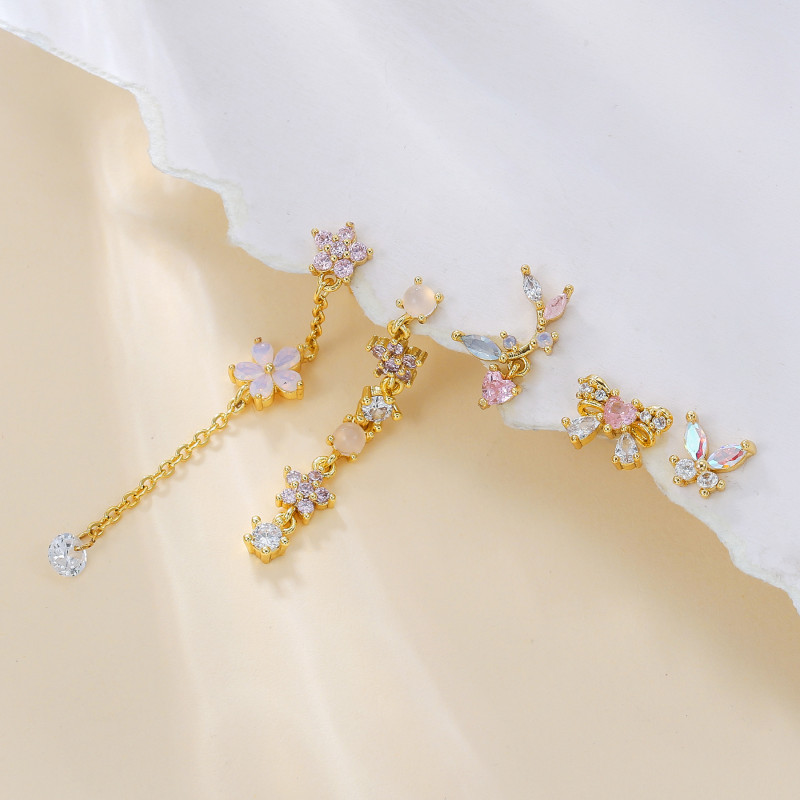 Korean-style Fashion Exquisite Pink Bow Earring Set for Women, Flower Tassel Pendant Earrings, Jewelry Wholesale, Jew...