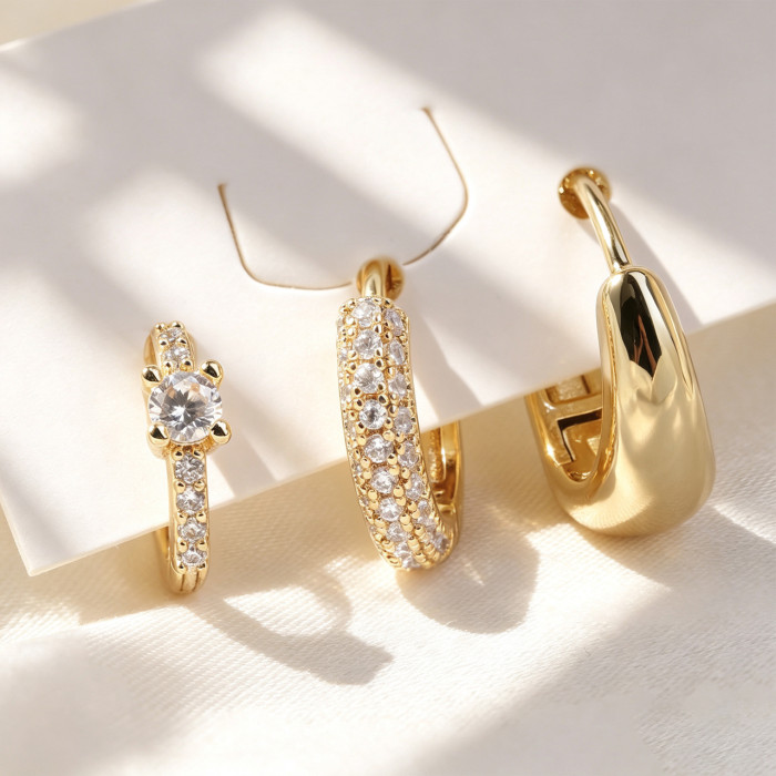 Best-selling Simple Zirconia-studded Earring Set, Three-piece Set, Fashionable Copper-plated 18K Real Gold Earrings W...