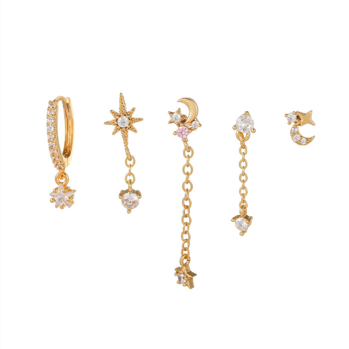 Best-selling Star and Moon Tassel Earring Set for Women, Fashionable and High-end, Light Luxury, Zircon-inlaid Five-p...