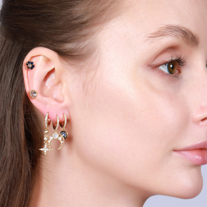 Korean and Japanese Style Simple Five-piece Set of Earrings for Women, S925 Silver Needle Micro-inlaid Zircon Long Ea...