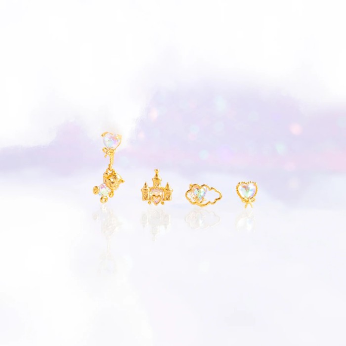 fashion rose gold rainbow bear zircon earring set, white K iridescent heart castle earrings and pendants
