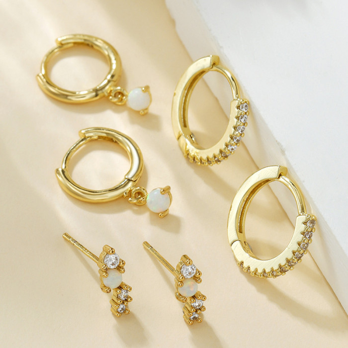 Hoop Earrings with Serrated Opal and Zircon Ear Clasps, 18K Plated Copper, Small Pendant Earring Set, Jewelry Sets, 2...
