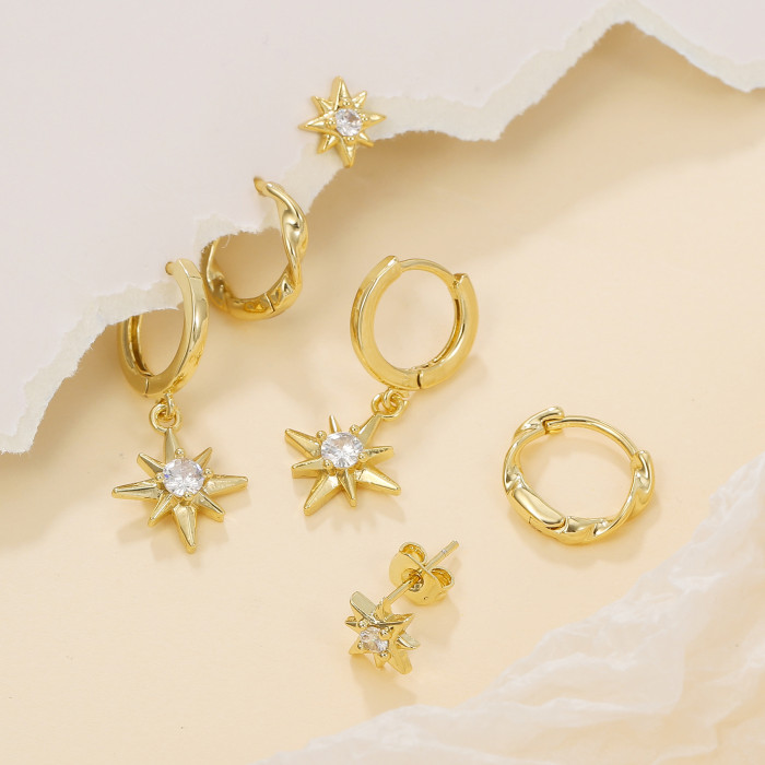 New Style Sun and Moon Earrings, Sun and Moon Drop Earrings, Star-shaped Ear Clasps with Zircon, Niche Set for Women,...