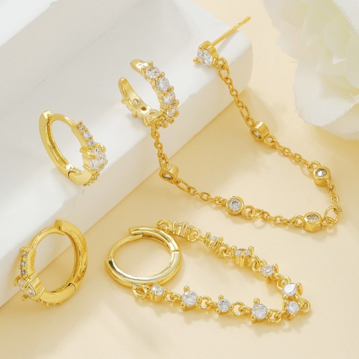 Tassel Zircon Chain Earrings and Ear Clips, Fashionable New Exquisite Ins-style Earring Set for Women Wholesale, Jewe...