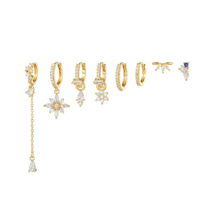 Best-selling Flower Pendant Zircon Earrings for Women, High-end Elegant Earring Set, Wholesale Copper Plated Real Gol...