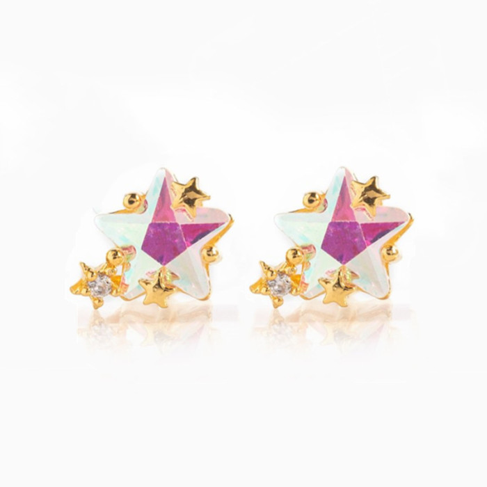 Sweet Colorful Zircon Star Earrings for Women, Simple Copper Plated 18K Real Gold Planet Earrings, Wholesale, 24K Gol...