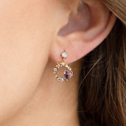 Ins-style 925 Silver Needle Earrings for Women, Exquisite and Sweet Floral Wreath Heart-shaped Zircon Earrings, High-...