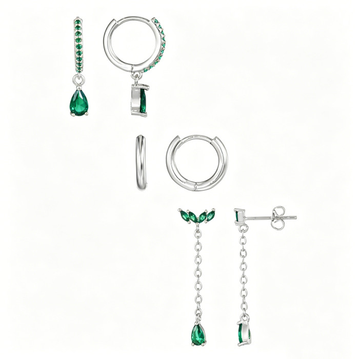 Vintage Emerald Simple Stone-Studded Water Drop Pendant Earring Set for Women, Light Luxury High-end 3-piece Earrin...