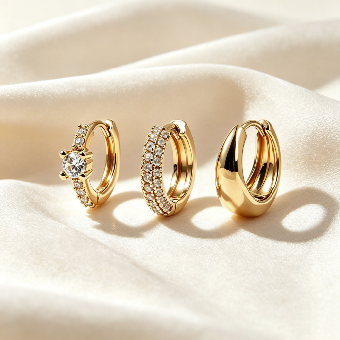 Best-selling Simple Zirconia-studded Earring Set, Three-piece Set, Fashionable Copper-plated 18K Real Gold Earrings W...
