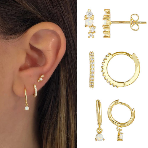 Hoop Earrings with Serrated Opal and Zircon Ear Clasps, 18K Plated Copper, Small Pendant Earring Set, Jewelry Sets, 2...