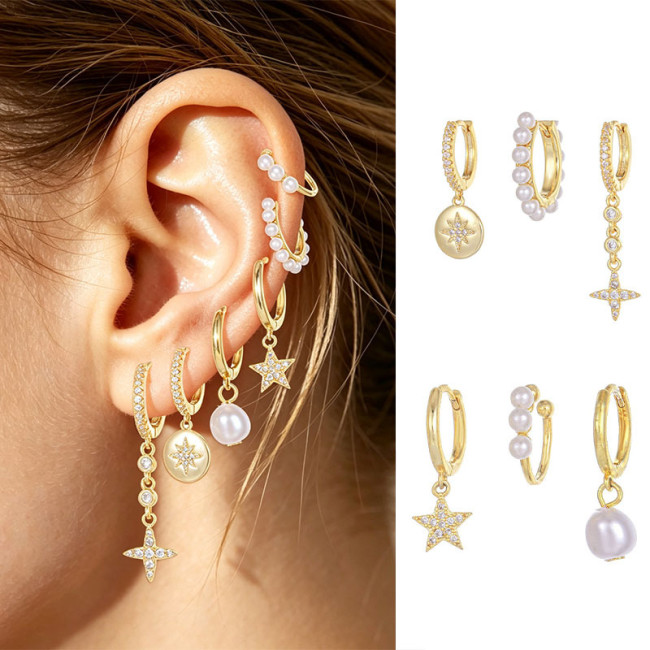 Exquisite Versatile Star Pendant Earrings, Pearl Earrings Six-piece Set, 18K Gold Plated Copper Earrings for Women, J...