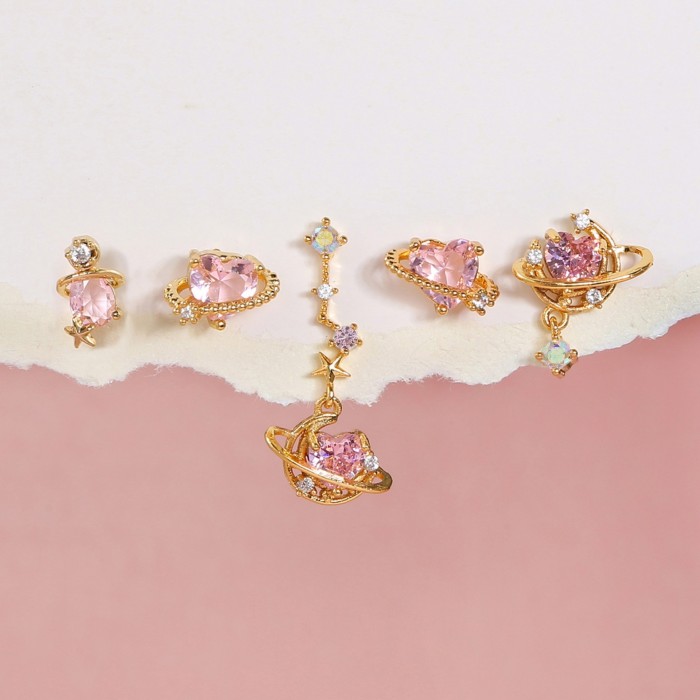 Exquisite Pink Zircon Earring Set, Girly Sweet Heart Pendant Stud Earrings Five-piece Set for Women, Jewelry Sets