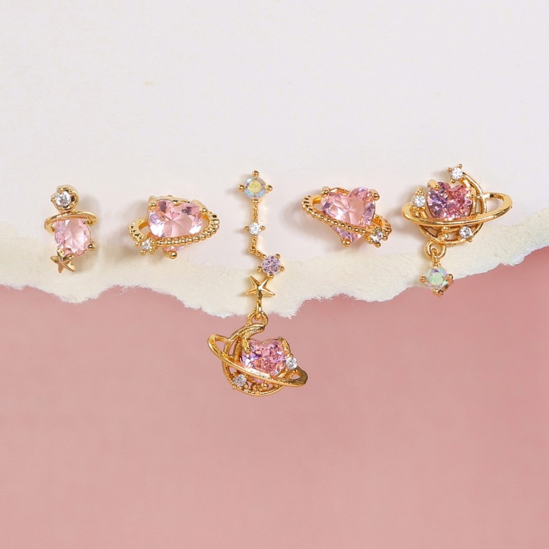 Exquisite Pink Zircon Earring Set, Girly Sweet Heart Pendant Stud Earrings Five-piece Set for Women, Jewelry Sets