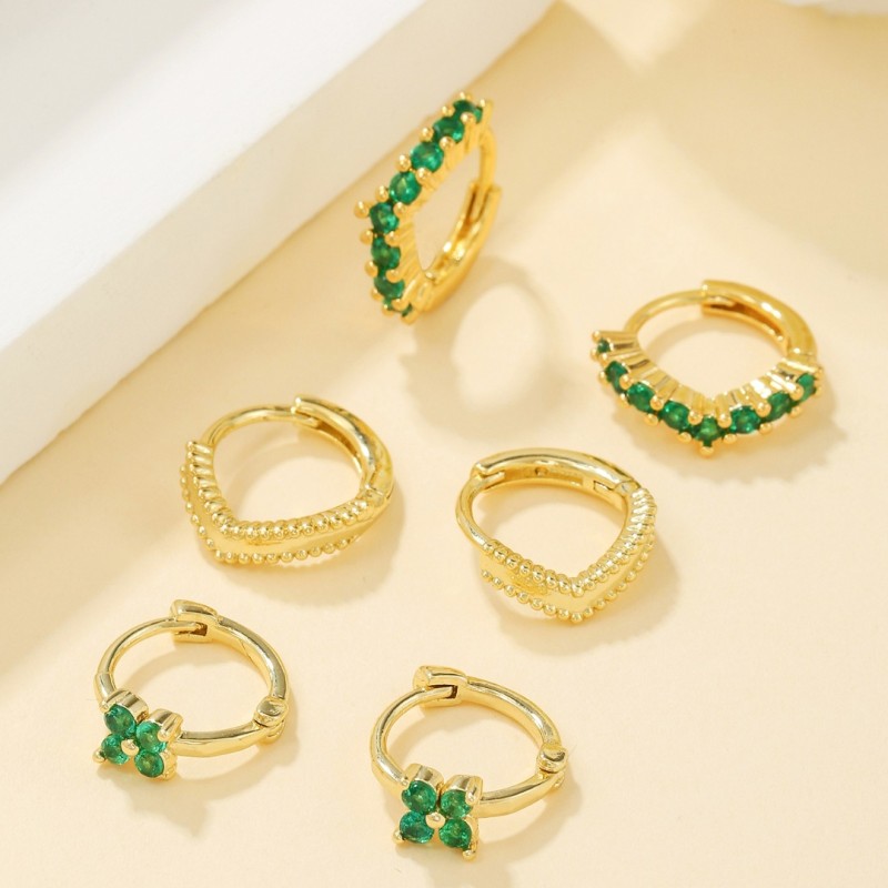 INS-style Stone-Studded Green Zircon Earrings, Copper-plated 18K Gold-Plated Flower Earring Set, Elegant Women's Jewe...