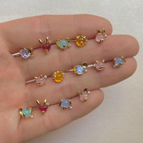 Popular Ins-style Small Animal Head Earrings, 18K Gold Plated Colorful Zircon Copper Earrings, Jewelry Direct Supply,...