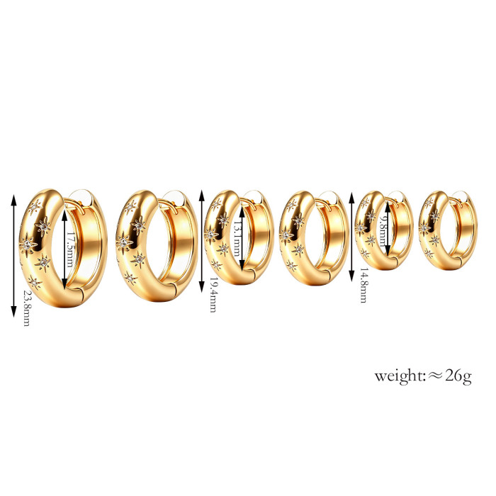 Style Copper Inlaid Zircon Eight-pointed Star Circle Earrings Six-piece Set, Light Luxury and High-end Feel, Summer W...