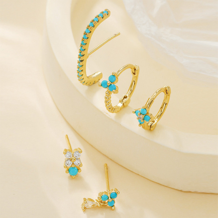 Style Silver Needle Copper-plated Gold Plated Small Blue Flower Earrings, Blue Fresh and Simple Jewelry Earring Set f...
