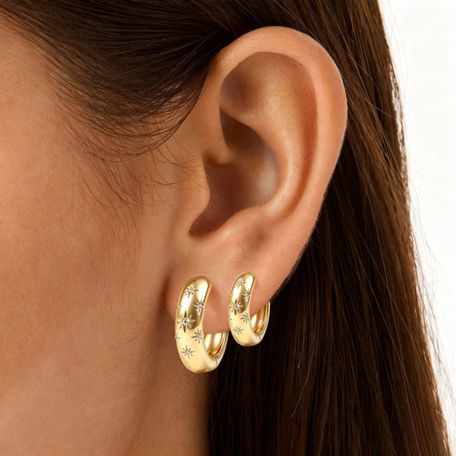 Style Copper Inlaid Zircon Eight-pointed Star Circle Earrings Six-piece Set, Light Luxury and High-end Feel, Summer W...