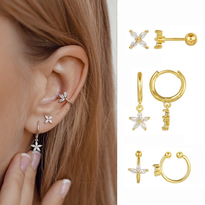 Geometric Earrings, Light Luxury Personalized Zircon Flower Earrings, Ear Cuff Set, Niche Women's Earrings, Jewelry Sets