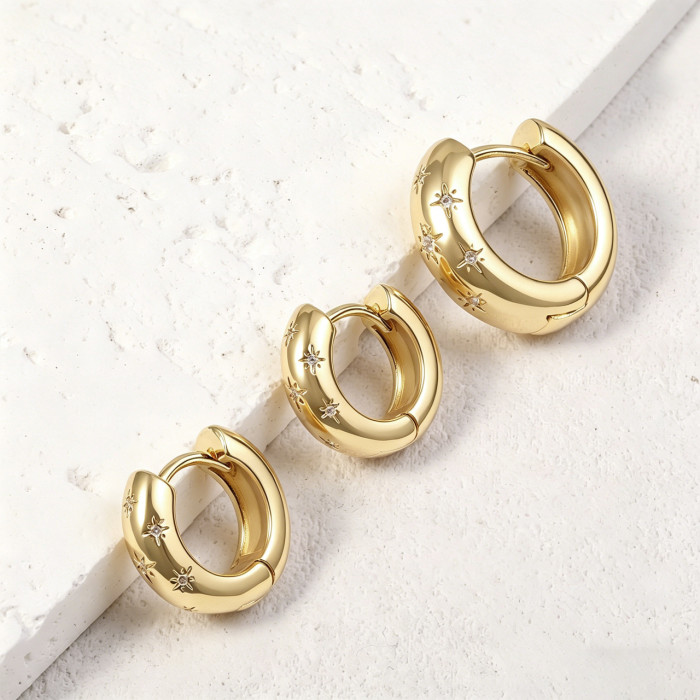 Style Copper Inlaid Zircon Eight-pointed Star Circle Earrings Six-piece Set, Light Luxury and High-end Feel, Summer W...