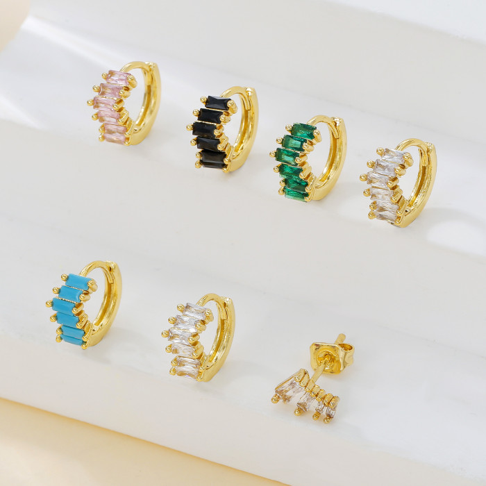S925 Silver Needle Irregular Geometric Long Style Colorful Stone Square Fully Stone-Set Hoop Earrings Set, Jewelry Set...