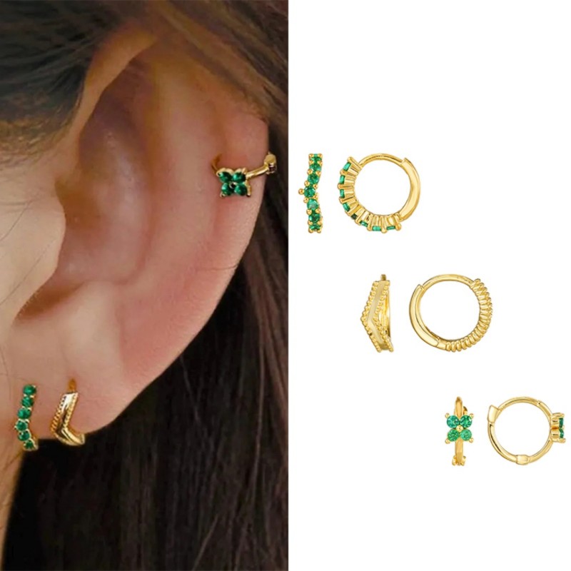 INS-style Stone-Studded Green Zircon Earrings, Copper-plated 18K Gold-Plated Flower Earring Set, Elegant Women's Jewe...