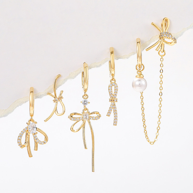 New French-style Bow Earrings, Light Luxury Niche Design, Elegant Zircon Ear Cuffs, Ear Studs, Ear Bone Clips, 6-piec...