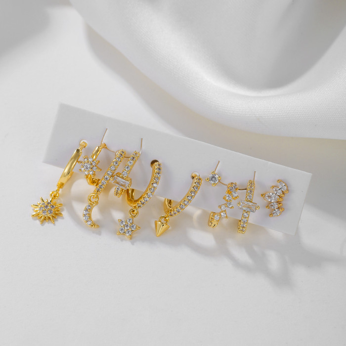 Style Star, Moon, Sun Geometric Zircon Inlaid Ear Clip Earring Set, Fashionable, Light Luxury, High-end Earrings for...