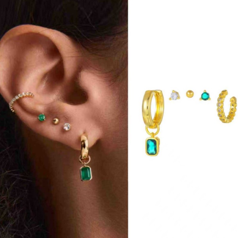 Five-piece Set: S925 Silver Needle Earrings, Green Zircon Pendant Ear Cuffs, Simple Ear Bone Clips, Light Luxury Jewe...