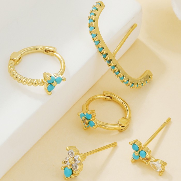 Style Silver Needle Copper-plated Gold Plated Small Blue Flower Earrings, Blue Fresh and Simple Jewelry Earring Set f...