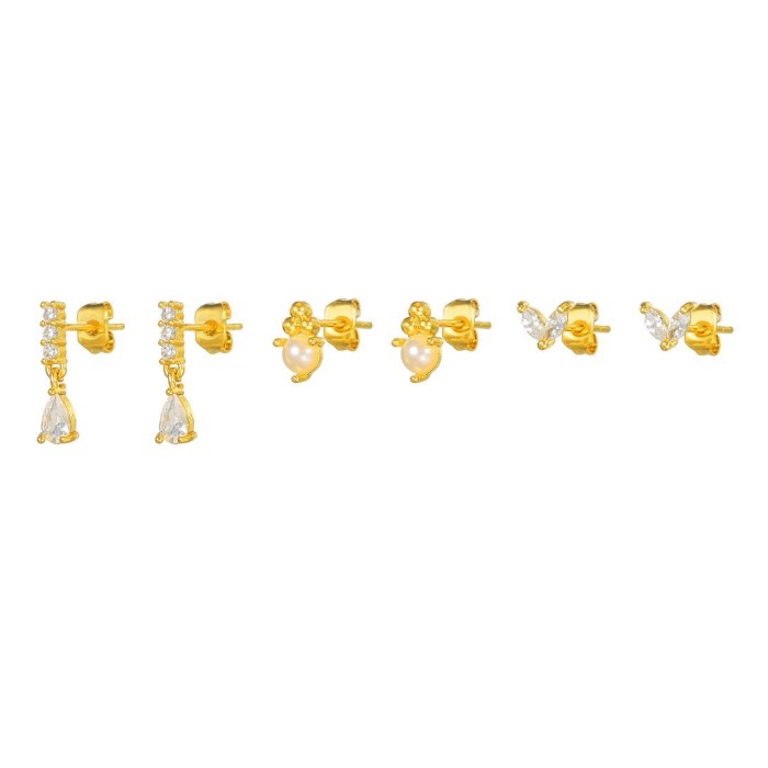 Best-selling 18K Gold Plated Copper Earring Set for Women, Geometric Teardrop-shaped with Pearl Pendant, High-end Ear...