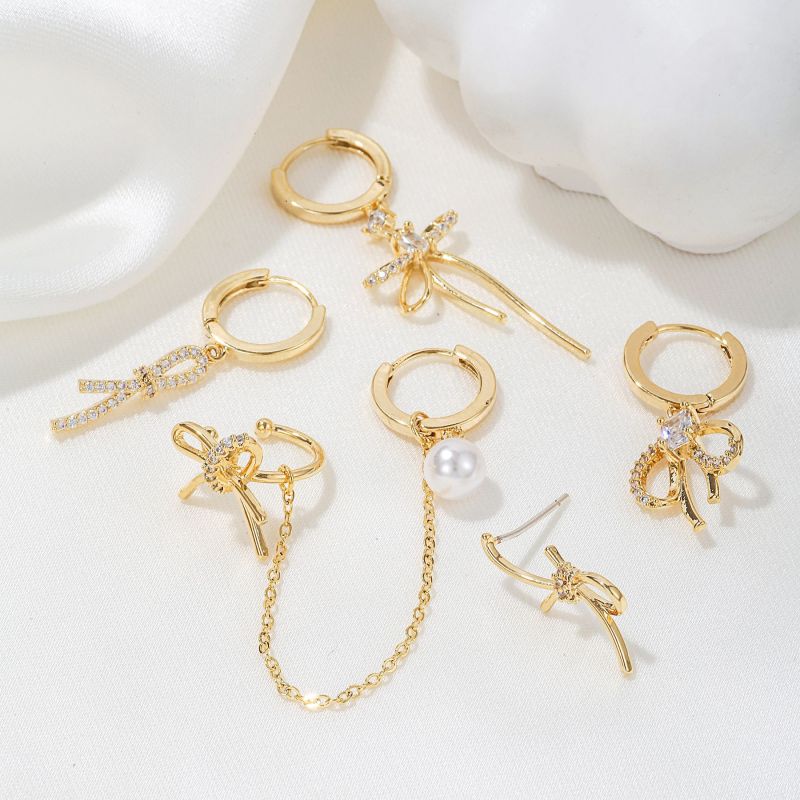 New French-style Bow Earrings, Light Luxury Niche Design, Elegant Zircon Ear Cuffs, Ear Studs, Ear Bone Clips, 6-piec...