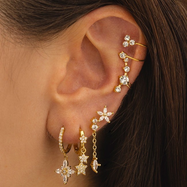 Stone-Studded Pentagram Flower Light Luxury Earrings, Unique Niche Fashion Temperament Six-piece Set of Earrings fo...
