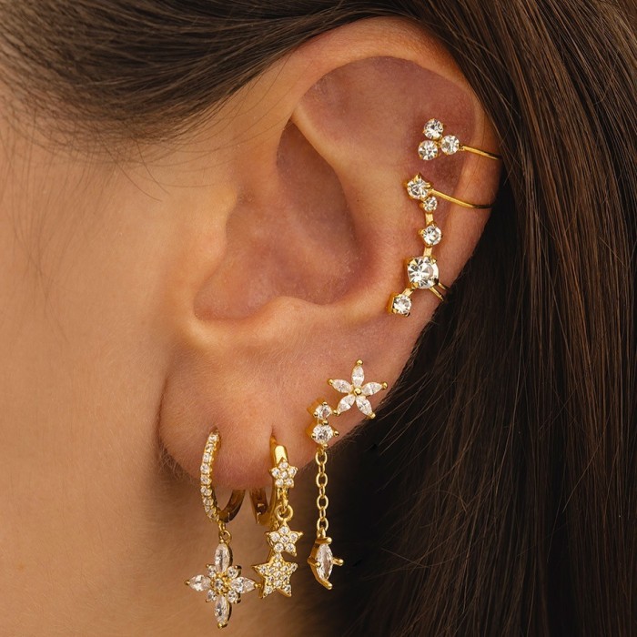 Stone-Studded Pentagram Flower Light Luxury Earrings, Unique Niche Fashion Temperament Six-piece Set of Earrings fo...