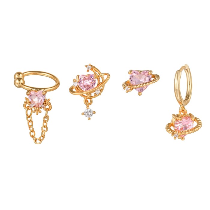Exquisite and Sweet Pink Heart-shaped Zirconia Earring Set for Women, Girlish Four-piece Set, Direct Supply Jewelry W...