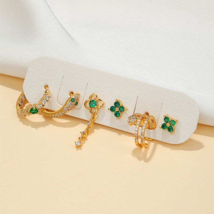 Amazon's New Green Zircon Snake-shaped Ear Clip Earring Set, Niche Design Earrings, Six-piece Earring Set, Wholesale,...