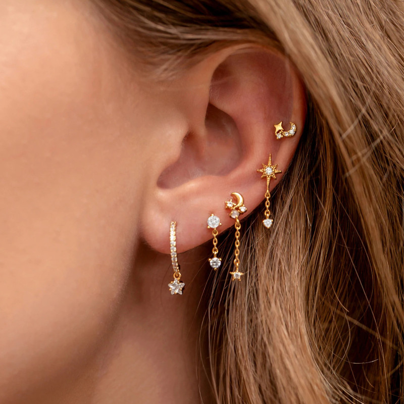 Best-selling Star and Moon Tassel Earring Set for Women, Fashionable and High-end, Light Luxury, Zircon-inlaid Five-p...