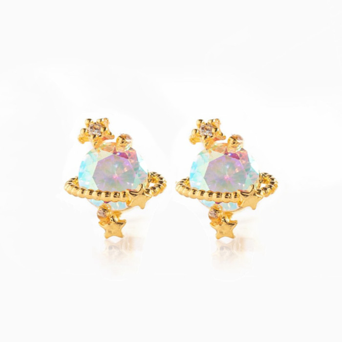 Sweet Colorful Zircon Star Earrings for Women, Simple Copper Plated 18K Real Gold Planet Earrings, Wholesale, 24K Gol...