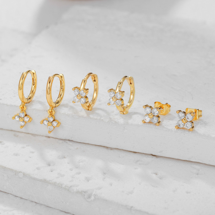 Minimalist Luxury Four-leaf Clover Earrings for Women, Set with Zirconia, Flower Pendant Earring Set, Three-piece Ear...
