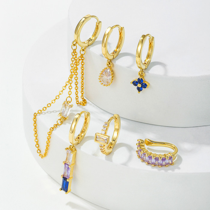 Best-selling Light Luxury S925 Silver Needle Chain Tassel Earring Set with Colorful Zircon Six-piece Earrings for Wom...