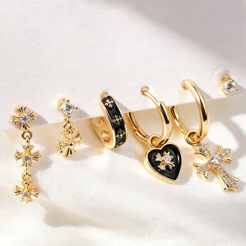 18K Gold Plated Copper Niche Design Earrings, Light Luxury High-end Heart-shaped Cross Stud Earring Set Wholesale, Je...