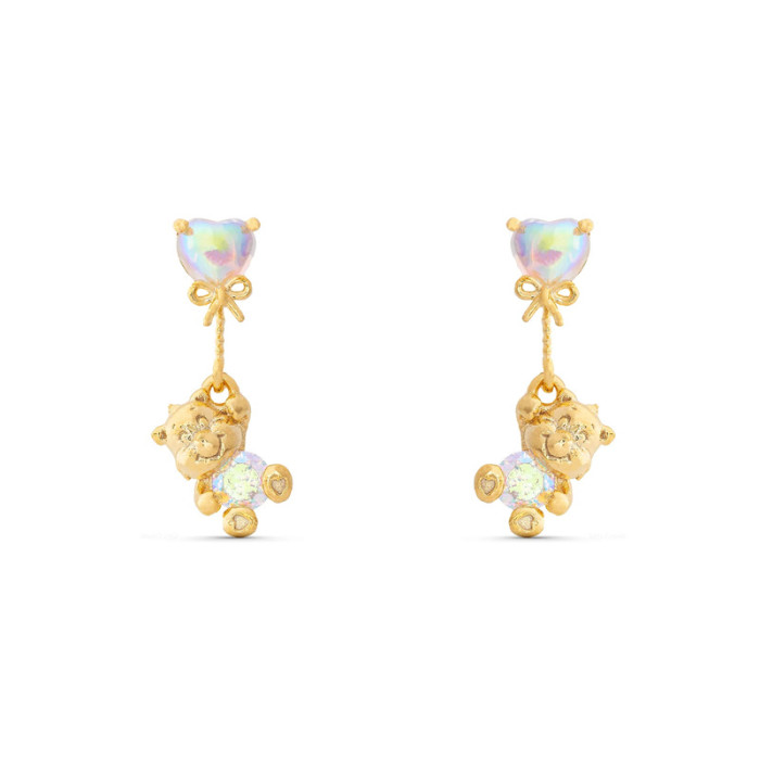 fashion rose gold rainbow bear zircon earring set, white K iridescent heart castle earrings and pendants