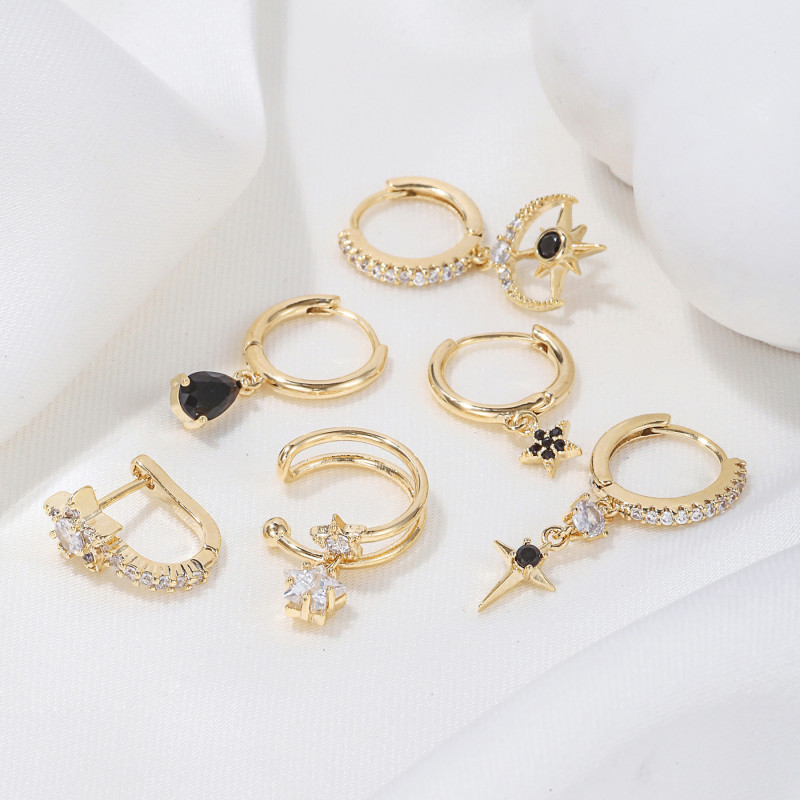 Black Zircon Vintage Earring Set, Geometric Star and Moon Six-piece Earring Set, Wholesale, Jewelry Sets