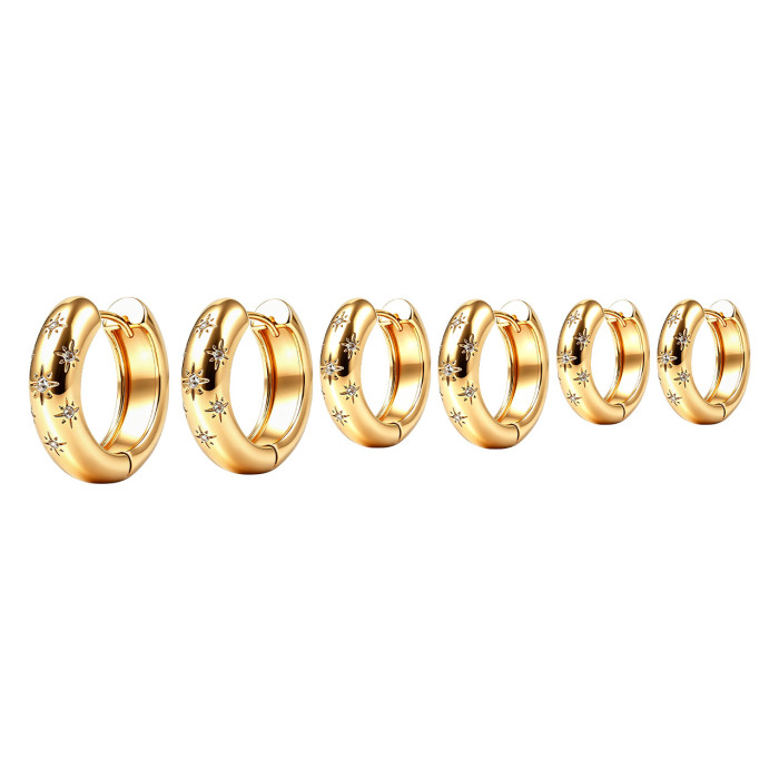 Style Copper Inlaid Zircon Eight-pointed Star Circle Earrings Six-piece Set, Light Luxury and High-end Feel, Summer W...