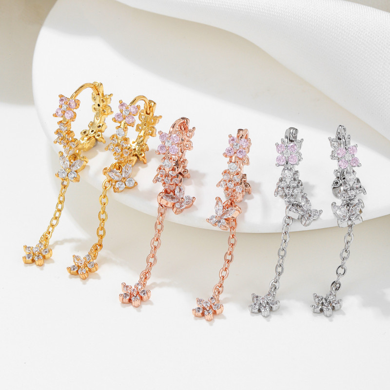 Fashion Floral Tassel Earrings, Niche Design, Simple and Light Luxury, Butterfly Pendant Ear Cuffs, Full of Stones,...