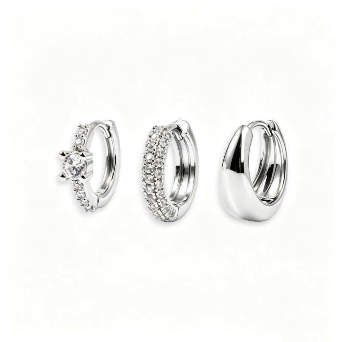Best-selling Simple Zirconia-studded Earring Set, Three-piece Set, Fashionable Copper-plated 18K Real Gold Earrings W...